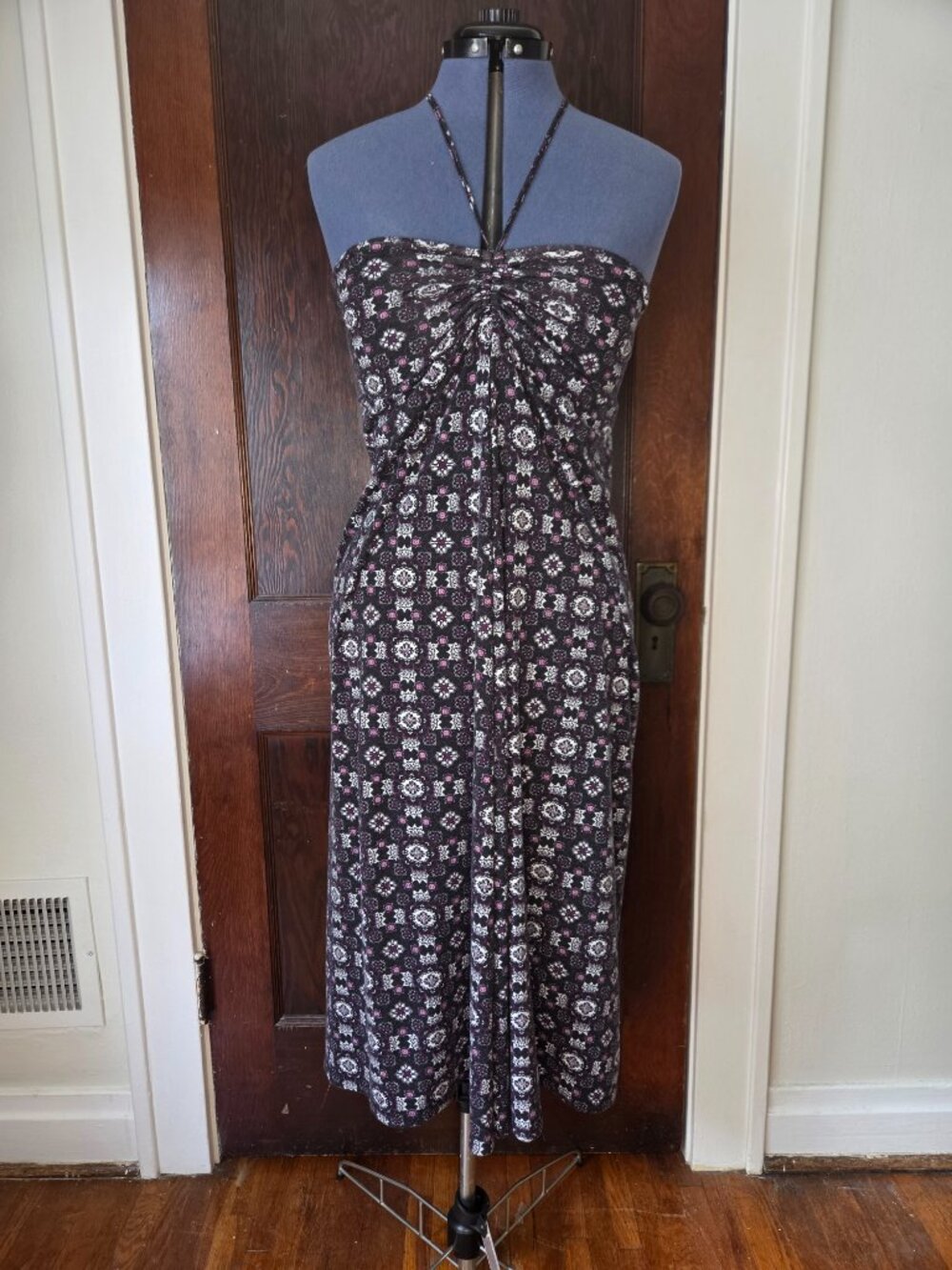 Purple and Black Boho Jersey Halter Midi Dress
